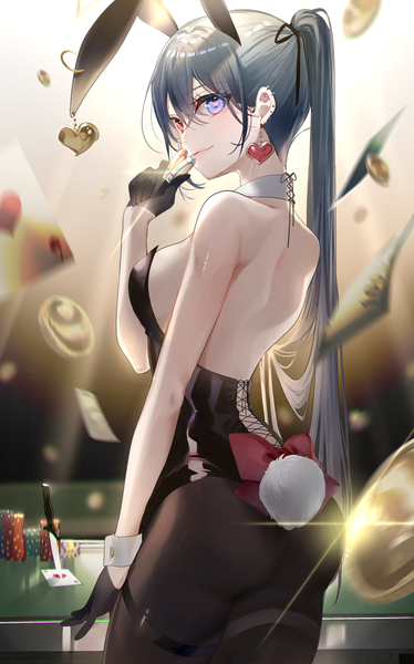 Anime picture 1021x1637 with original miwano rag single long hair tall image looking at viewer fringe breasts blue eyes light erotic black hair hair between eyes red eyes standing holding animal ears ass ponytail tail animal tail