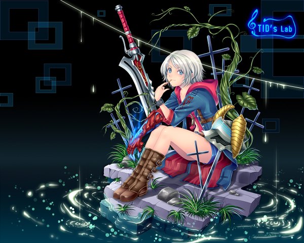 Anime picture 1280x1024 with devil may cry nero (devil may cry) tidsean single short hair blue eyes white hair otoko no ko boy plant (plants) sword water cross water drop