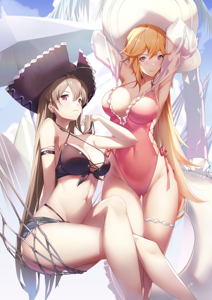 Anime picture 3507x4960 with azur lane richelieu (azur lane) jean bart (azur lane) richelieu (fleuron of the waves) (azur lane) jean bart (private apres midi) (azur lane) gainoob long hair tall image looking at viewer blush highres breasts light erotic red eyes brown hair large breasts standing sitting multiple girls absurdres