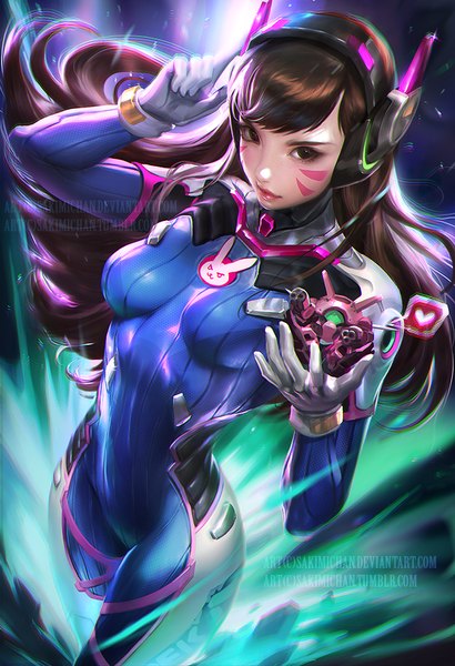 Anime-Bild 684x1000 mit overwatch blizzard entertainment d.va (overwatch) sakimichan single tall image fringe breasts brown hair brown eyes arm up from above lips realistic facial mark watermark whisker markings face paint girl bodysuit