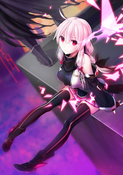 Anime picture 1416x2006 with original celeryma single long hair tall image looking at viewer fringe hair between eyes red eyes sitting pink hair full body ahoge nail polish pleated skirt from above red nail polish tress ribbon girl thighhighs