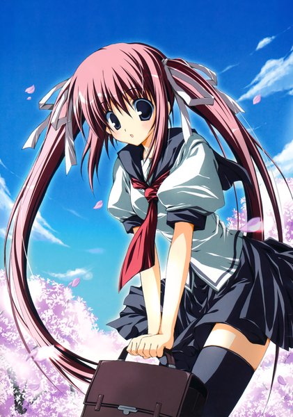Anime picture 2448x3492 with original korie riko single long hair tall image looking at viewer blush highres blue eyes twintails pink hair sky cloud (clouds) scan cherry blossoms girl thighhighs skirt uniform ribbon (ribbons)
