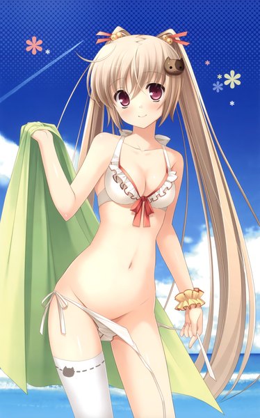 Anime picture 2907x4664 with imouto no okage de mote sugite yabai asasaka meguri ikegami akane single long hair tall image highres breasts light erotic blonde hair red eyes twintails sky cloud (clouds) girl thighhighs navel hair ornament swimsuit bikini