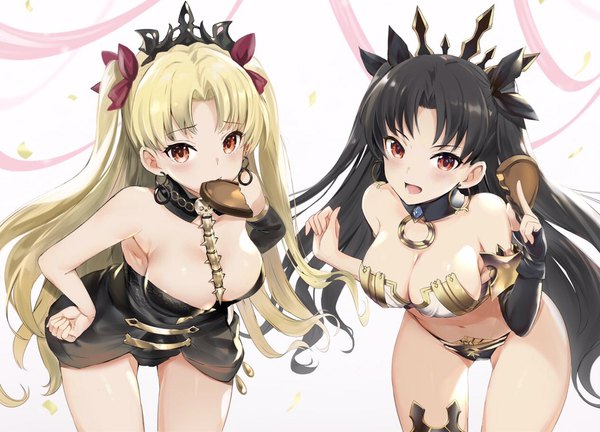 Anime-Bild 1040x750 mit fate (series) fate/grand order ishtar (fate) ereshkigal (fate) teddy (khanshin) long hair looking at viewer blush fringe breasts open mouth light erotic black hair simple background blonde hair red eyes large breasts white background bare shoulders multiple girls