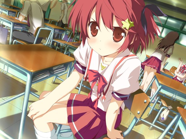 Anime picture 1600x1200 with hoshizora no memoria minahoshi asuho shida kazuhiro looking at viewer blush short hair red eyes game cg red hair pleated skirt short sleeves girl skirt hair ornament star (symbol) star hair ornament