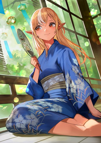 Anime-Bild 990x1400 mit virtual youtuber hololive shiranui flare lack single long hair tall image blonde hair smile red eyes sitting looking away traditional clothes japanese clothes multicolored hair pointy ears streaked hair floral print yokozuwari girl