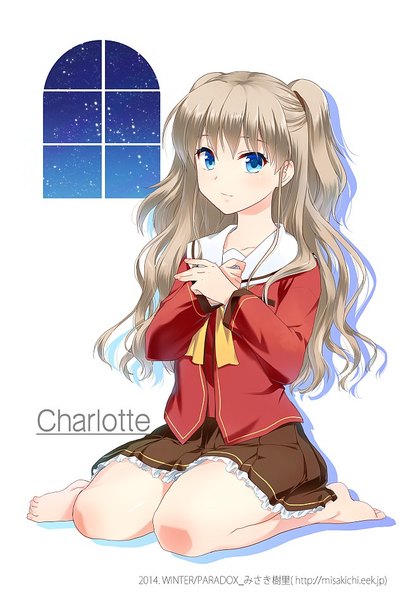 Anime picture 640x947 with charlotte p.a. works tomori nao misaki juri single long hair tall image looking at viewer blush fringe blue eyes simple background brown hair white background sitting payot bent knee (knees) long sleeves barefoot inscription