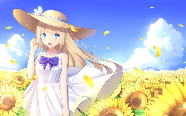 Anime picture 1600x1000 with warship girls r lexington (warship girls r) ji dao ji single long hair looking at viewer blush open mouth blue eyes blonde hair bare shoulders sky cloud (clouds) :d wind summer girl dress flower (flowers) bow