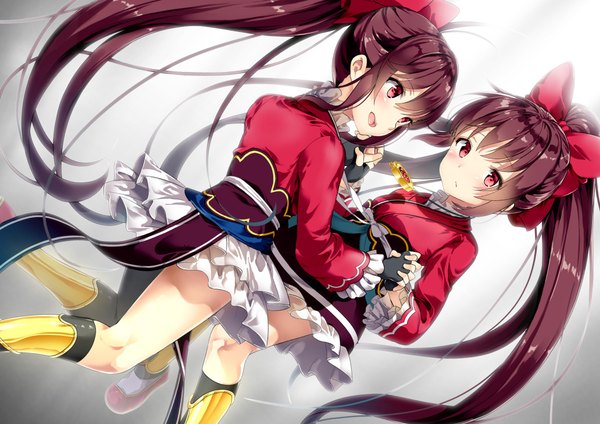 Anime picture 1032x730 with mahou shoujo madoka magica magia record: mahou shoujo madoka magica gaiden shaft (studio) amane tsukasa amane tsukuyo shiratama mochi long hair looking at viewer blush fringe open mouth simple background red eyes brown hair multiple girls bent knee (knees) ponytail traditional clothes japanese clothes wide sleeves
