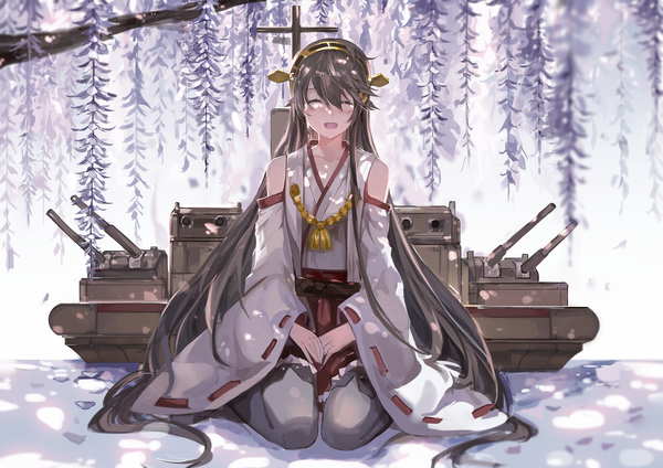 Anime picture 2000x1414 with kantai collection haruna battleship saberiii single blush highres open mouth black hair eyes closed very long hair girl hair ornament flower (flowers) weapon plant (plants) detached sleeves petals tree (trees) wisteria