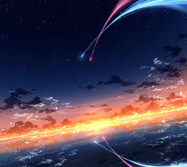 Anime picture 5551x4960 with original rune xiao highres signed absurdres cloud (clouds) outdoors sunlight night night sky evening reflection sunset no people landscape scenic shooting star water sea star (stars)