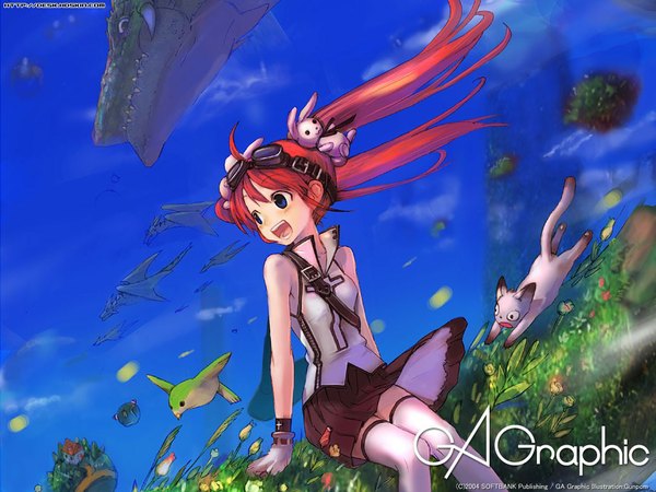 Anime picture 1024x768 with gagraphic gunpom single long hair blush sitting purple eyes twintails signed looking away sky cloud (clouds) ahoge outdoors red hair wind zettai ryouiki copyright name sleeveless fantasy