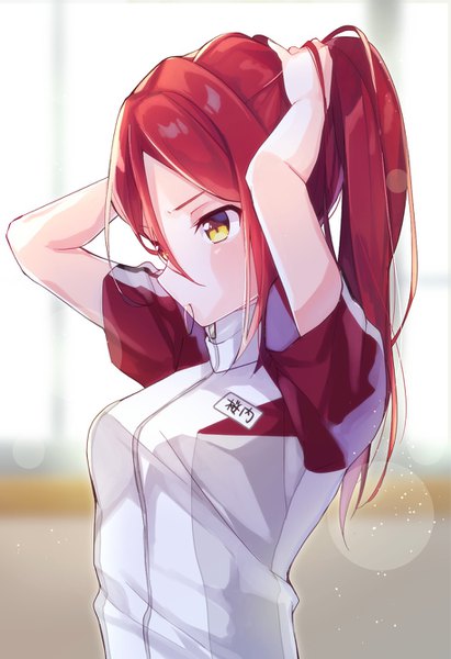 Anime picture 915x1334 with love live! sunshine!! sunrise (studio) love live! sakurauchi riko goroo (eneosu) single long hair tall image fringe breasts hair between eyes holding yellow eyes looking away upper body ponytail red hair blurry depth of field mouth hold