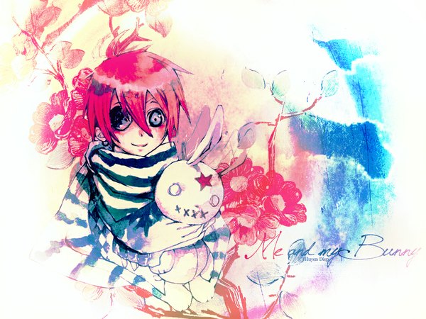Anime picture 1024x768 with d.gray-man lavi blush fringe short hair simple background hair between eyes holding green eyes signed red hair light smile piercing ear piercing striped third-party edit boy flower (flowers) earrings scarf
