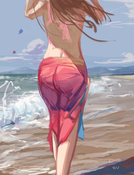 Anime picture 1000x1304 with original wujia xiaozi single long hair tall image light erotic brown hair signed sky cloud (clouds) wind from behind arms up bare legs shadow beach bare back head out of frame sand sketch