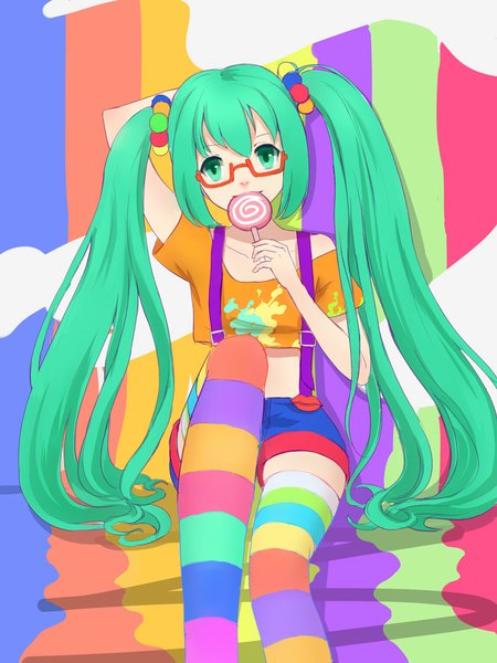 Anime picture 750x1000 with vocaloid hatsune miku begreen single long hair tall image looking at viewer fringe smile sitting twintails holding bent knee (knees) head tilt aqua eyes aqua hair arm behind head girl thighhighs glasses