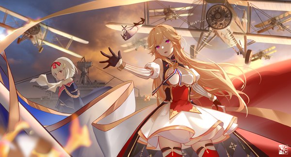 Anime picture 2800x1518 with azur lane richelieu (azur lane) hermes (azur lane) rein yukimatsu long hair looking at viewer highres short hair breasts open mouth blonde hair red eyes wide image standing purple eyes multiple girls sky cleavage white hair outstretched arm