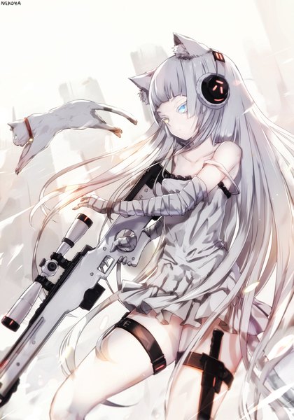 Anime picture 1400x2000 with girls frontline original awp (girls frontline) (nekoya (liu)) nekoya (liu) single long hair tall image fringe blue eyes standing bare shoulders holding signed animal ears yellow eyes looking away white hair tail blunt bangs animal tail