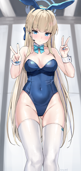 Anime picture 1276x2695 with blue archive toki (blue archive) toki (bunny) (blue archive) kaetzchen single long hair tall image looking at viewer blush fringe breasts blue eyes light erotic blonde hair large breasts standing bare shoulders animal ears cleavage blunt bangs