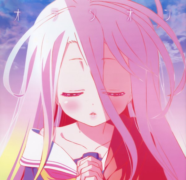 Anime picture 2811x2722 with no game no life madhouse shiro (no game no life) long hair blush highres open mouth hair between eyes cloud (clouds) white hair eyes closed scan official art loli girl uniform school uniform