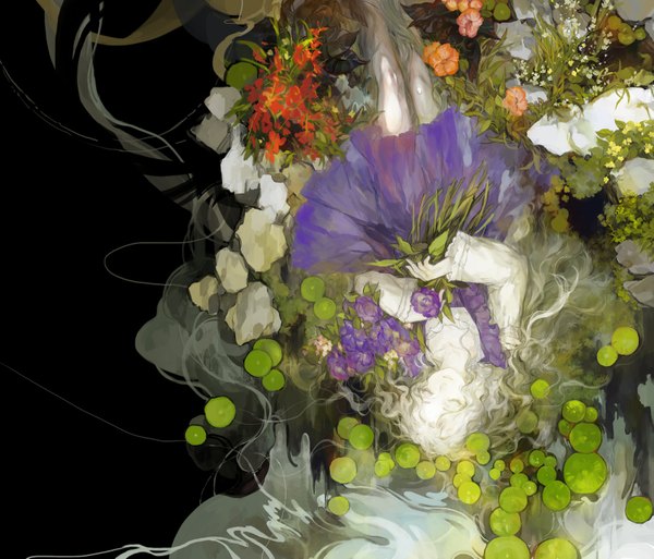 Anime picture 1700x1455 with original noir (ibaraki) single long hair white hair lying eyes closed partially submerged upside down ophelia's pose girl dress flower (flowers) plant (plants) water leaf (leaves) water lily