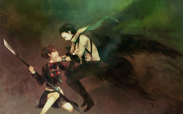 Anime picture 1400x875 with persona 3 persona tagme (character) ryoji mochizuki nakko (pixiv) short hair black hair smile brown hair wide image brown eyes couple kneeling torn clothes girl boy skirt wings scarf cloak