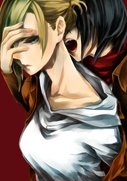 Anime picture 1649x2335 with shingeki no kyojin production i.g mikasa ackerman annie leonhart shuu-0208 tall image short hair open mouth black hair simple background blonde hair multiple girls green eyes shoujo ai red background hand on face girl 2 girls jacket scarf