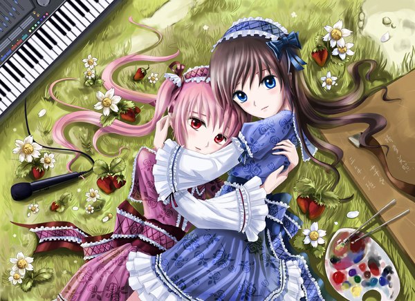 Anime picture 1000x727 with original valen7777 long hair blue eyes red eyes brown hair multiple girls pink hair hug lolita fashion girl dress flower (flowers) 2 girls food headdress berry (berries) strawberry