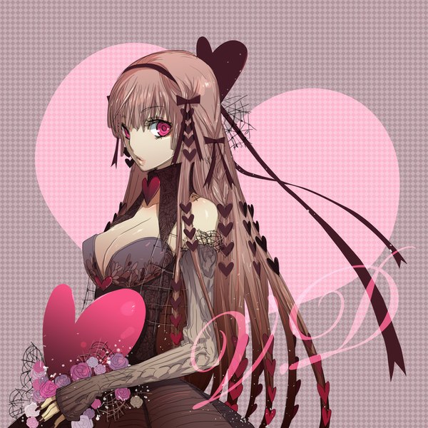 Anime picture 900x900 with original mami (apsaras) single long hair looking at viewer fringe breasts brown hair large breasts pink eyes girl dress hair ornament flower (flowers) ribbon (ribbons) detached sleeves heart black dress rose (roses) heart hair ornament
