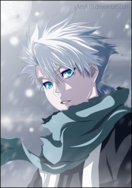 Anime picture 750x1064 with bleach studio pierrot hitsugaya toushirou sama15 single tall image fringe short hair hair between eyes white hair traditional clothes japanese clothes aqua eyes coloring snowing winter snow boy kimono scarf