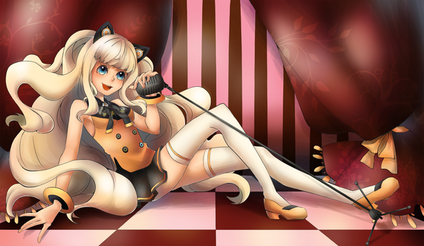 Anime picture 3000x1743 with vocaloid seeu single long hair highres open mouth blue eyes blonde hair wide image striped checkered floor girl thighhighs white thighhighs microphone