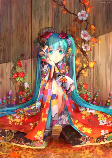 Anime picture 1025x1450 with vocaloid hatsune miku mimi n (futarinokizuna) single tall image looking at viewer fringe smile sitting twintails very long hair traditional clothes japanese clothes hair flower alternate costume crossed legs girl hair ornament flower (flowers) plant (plants)