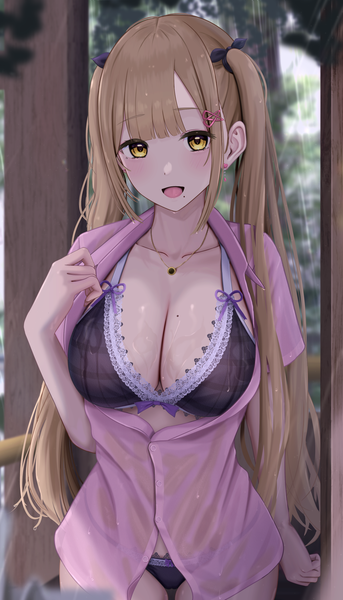 Anime picture 1200x2098 with original inaka 44 single long hair tall image looking at viewer fringe breasts open mouth light erotic blonde hair smile large breasts standing twintails yellow eyes payot blunt bangs :d mole