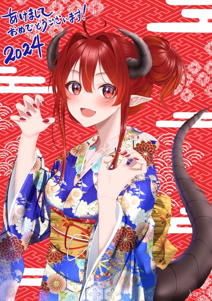 Anime picture 1457x2064 with original yoshiki 3821 single long hair tall image looking at viewer blush fringe open mouth hair between eyes red eyes ahoge red hair tail nail polish traditional clothes :d japanese clothes horn (horns) pointy ears