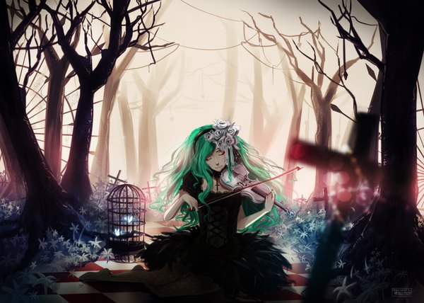 Anime picture 1800x1285 with vocaloid hatsune miku dotentity single long hair highres eyes closed green hair girl dress flower (flowers) plant (plants) tree (trees) cross cage violin bow (instrument)