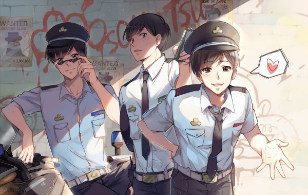 Anime picture 1200x758 with osomatsu-san matsuno osomatsu matsuno karamatsu matsuno choromatsu ekita xuan looking at viewer short hair open mouth black hair light smile black eyes multiple boys sparkle leaning leaning forward copyright name hand on hip siblings adjusting sunglasses brothers