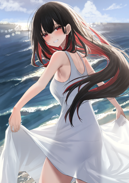 Anime picture 2508x3541 with original amane sora single long hair tall image looking at viewer blush fringe highres black hair smile hair between eyes red eyes standing sky cloud (clouds) outdoors looking back multicolored hair wind