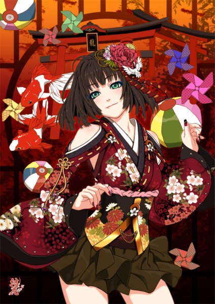 Anime picture 849x1200 with original yuca single tall image short hair black hair smile brown hair green eyes looking away nail polish traditional clothes head tilt japanese clothes fingernails wide sleeves girl hair ornament flower (flowers) animal
