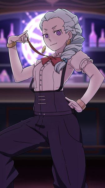 Anime picture 540x960 with death parade madhouse nona (death parade) rokka (gipsyroad) single long hair tall image looking at viewer smile purple eyes braid (braids) aqua hair short sleeves hand on hip symbol-shaped pupils eyebrows girl hair ornament earrings shirt