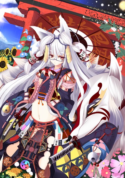 Anime picture 1446x2046 with original sukage single long hair tall image red eyes white hair traditional clothes fox ears fox tail fox girl girl hair ornament weapon sword glasses katana umbrella mask
