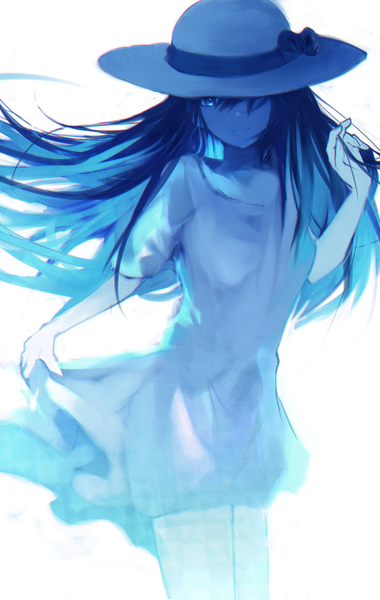 Anime picture 768x1210 with original tarbo (exxxpiation) single long hair tall image looking at viewer blue eyes simple background smile white background blue hair adjusting hair covering eye (eyes) girl dress hat white dress hat ribbon