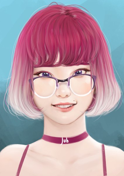 Anime picture 1920x2716 with original greyzie angel jubi (regiana) single tall image looking at viewer fringe highres short hair smile purple eyes bare shoulders signed pink hair blunt bangs realistic mole teeth grin portrait