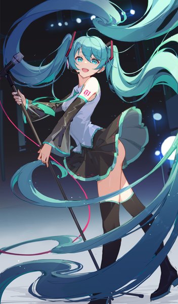 Anime picture 2000x3411 with vocaloid hatsune miku lance (lancelliu) single tall image fringe highres open mouth light erotic hair between eyes twintails ahoge very long hair :d aqua eyes aqua hair girl detached sleeves boots thigh boots