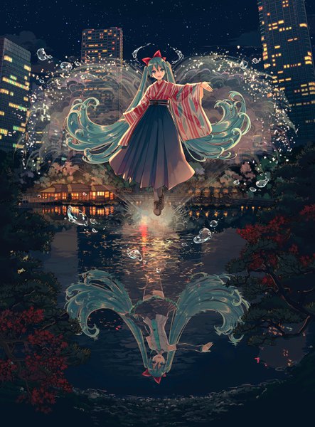 Anime picture 2000x2705 with vocaloid hatsune miku ixima single tall image highres open mouth twintails full body very long hair traditional clothes :d japanese clothes aqua eyes aqua hair night outstretched arm reflection city lights different reflection