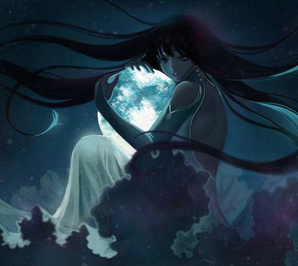 Anime picture 1857x1657 with original akl single looking at viewer fringe highres black hair purple eyes bare shoulders holding very long hair parted lips wind night night sky hug bare back glow goddess girl