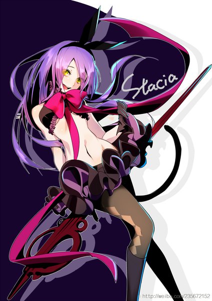 Anime picture 744x1052 with unlight stacia (unlight) aki663 single long hair tall image looking at viewer fringe open mouth light erotic simple background smile standing white background bare shoulders holding animal ears yellow eyes purple hair tail