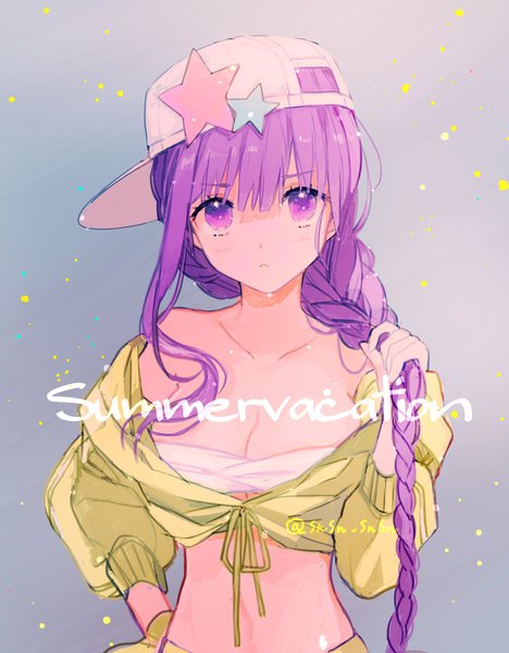 Anime picture 1200x1538 with fate (series) fate/grand order bb (fate) (all) bb (swimsuit mooncancer) (fate) hanakazesun single long hair tall image looking at viewer fringe breasts light erotic purple eyes signed purple hair upper body braid (braids) grey background midriff hand on hip