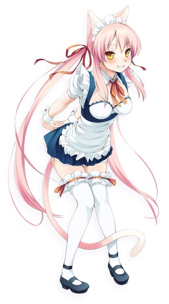 Anime picture 908x1628 with original oryou single tall image looking at viewer blush simple background smile white background twintails animal ears yellow eyes pink hair tail very long hair animal tail cat ears maid cat girl cat tail