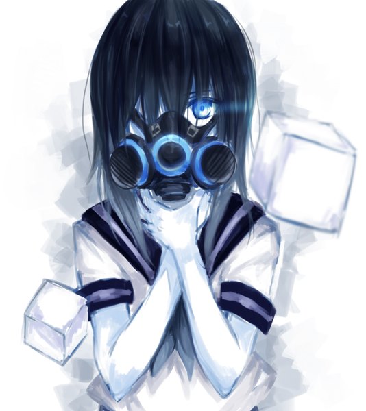 Anime picture 1781x2000 with original nekonekonenneko single long hair tall image looking at viewer fringe highres blue eyes black hair hair over one eye glowing glowing eye (eyes) glow choking girl uniform serafuku cube respirator