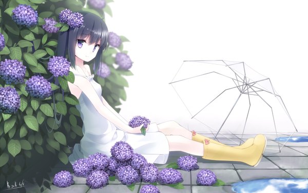 Anime picture 1722x1080 with original makadamia single long hair looking at viewer fringe highres black hair hair between eyes sitting purple eyes full body transparent umbrella girl flower (flowers) leaf (leaves) umbrella sundress hydrangea rubber boots